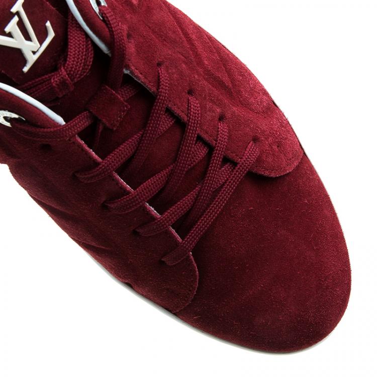 Pre Owned Louis Vuitton Red Suede Logo Lace Up Sneakers Size 43.5