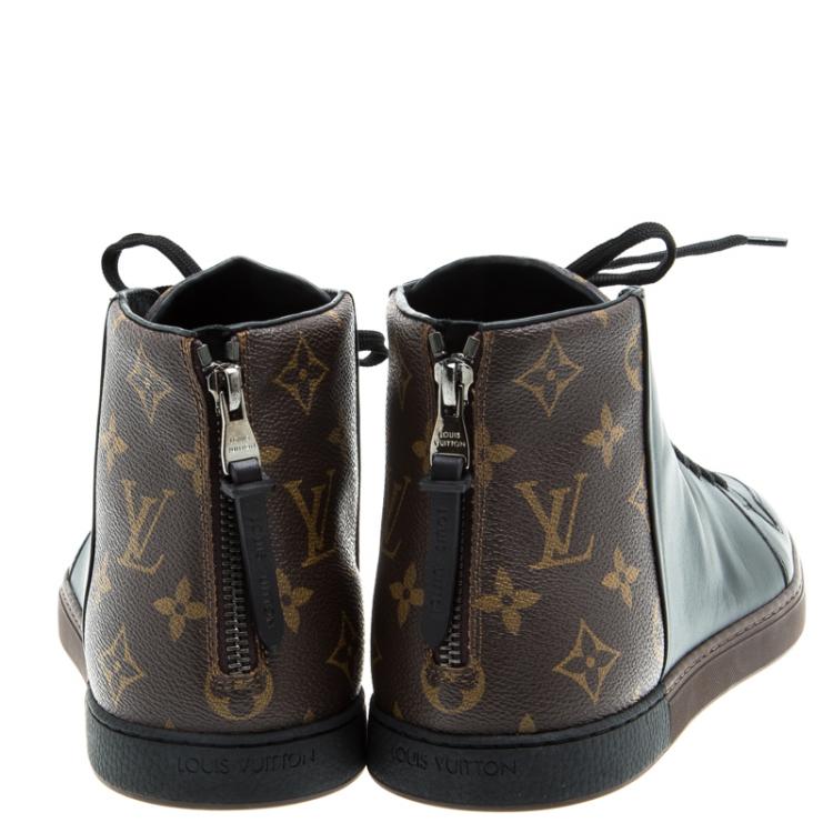 Pre Owned Louis Vuitton Black Leather and Monogram Canvas Line Up High Top Sneakers Size 42