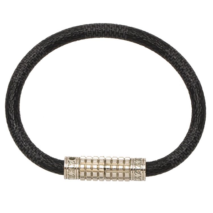 Pre Owned Louis Vuitton Digit Damier Ardoise Taiga Leather Silver Tone Bracelet 19cm