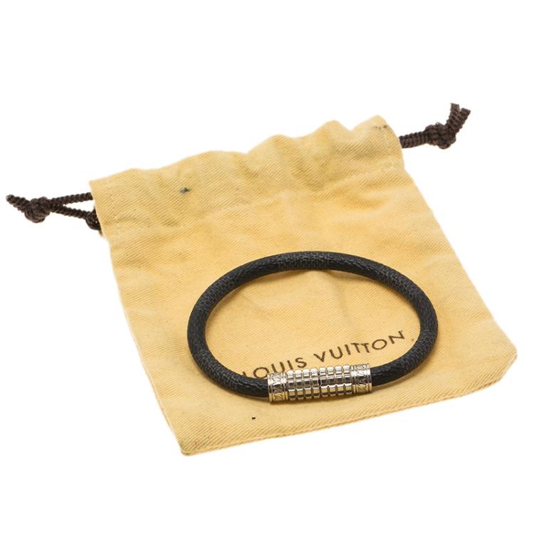Pre Owned Louis Vuitton Digit Damier Ardoise Taiga Leather Silver Tone Bracelet 19cm