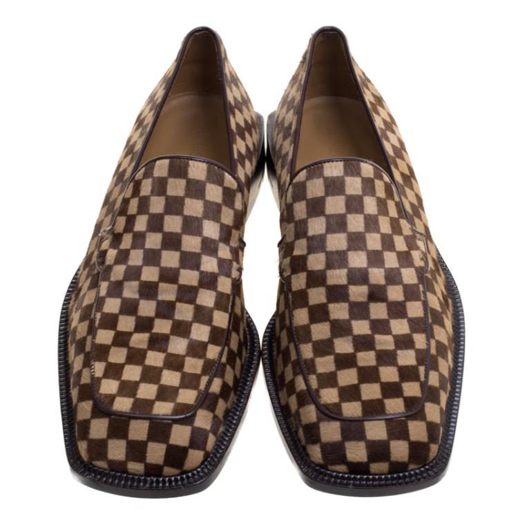 Pre Owned Louis Vuitton Brown Damier Pony Hair Square Toe Loafers Size 39.5