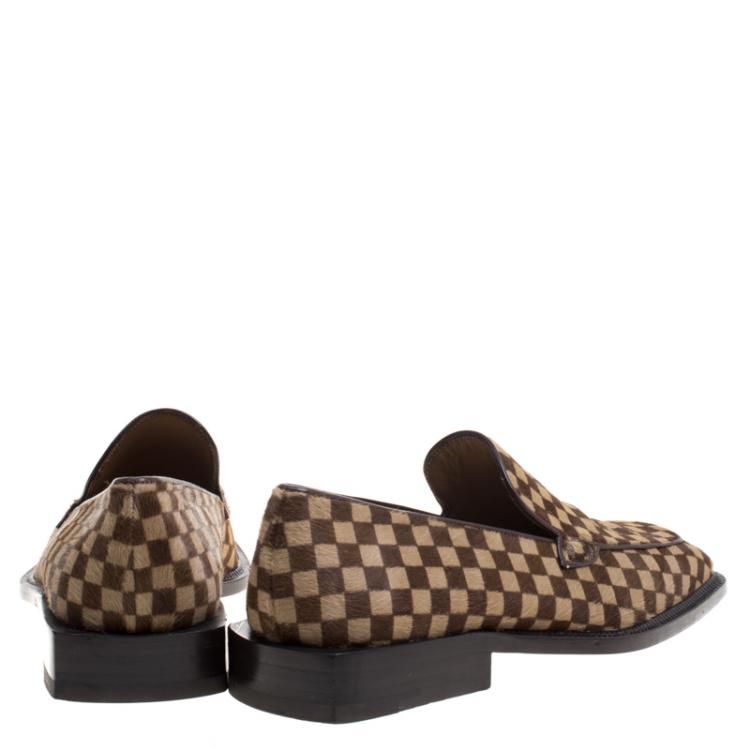 Pre Owned Louis Vuitton Brown Damier Pony Hair Square Toe Loafers Size 39.5