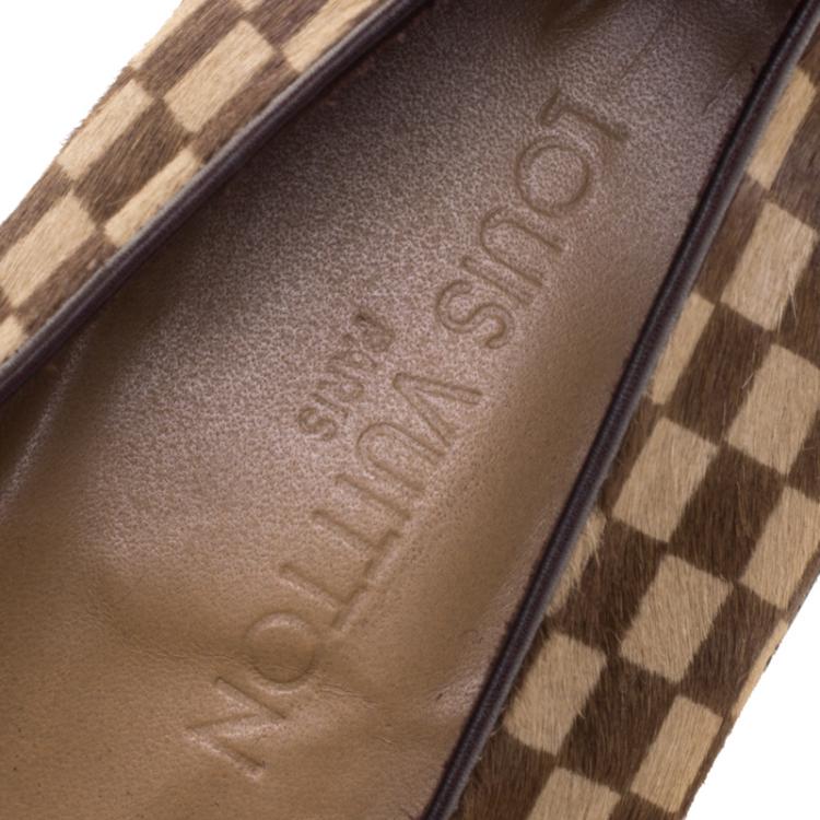 Pre Owned Louis Vuitton Brown Damier Pony Hair Square Toe Loafers Size 39.5