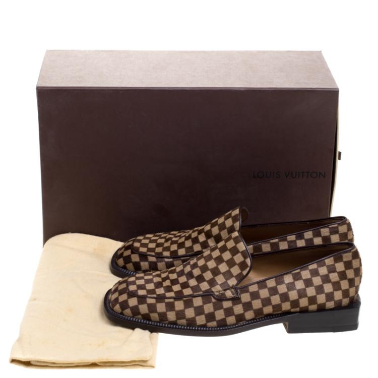 Pre Owned Louis Vuitton Brown Damier Pony Hair Square Toe Loafers Size 39.5