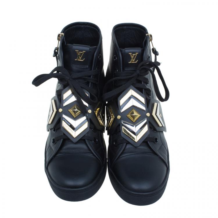 Pre Owned Louis Vuitton Black Leather Karakoram Pattern Punchy Sneaker Boots Size 41
