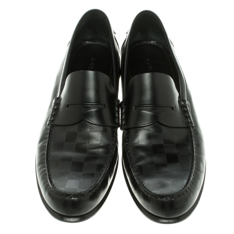 Pre Owned Louis Vuitton Black Damier Embossed Outline Loafers Size 45.5
