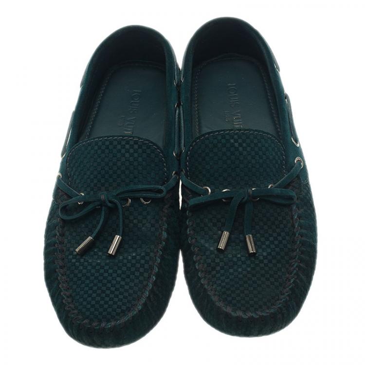 Pre Owned Louis Vuitton Green Petit Damier Suede Navajo Loafers Size 42