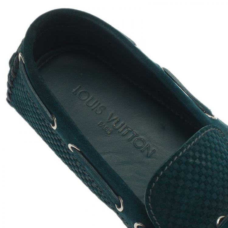 Pre Owned Louis Vuitton Green Petit Damier Suede Navajo Loafers Size 42