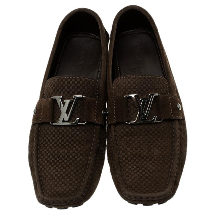 Pre Owned Louis Vuitton Brown Suede Damier Ebene Check Monte Carlo Loafers Size 42