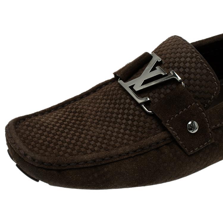 Pre Owned Louis Vuitton Brown Suede Damier Ebene Check Monte Carlo Loafers Size 42