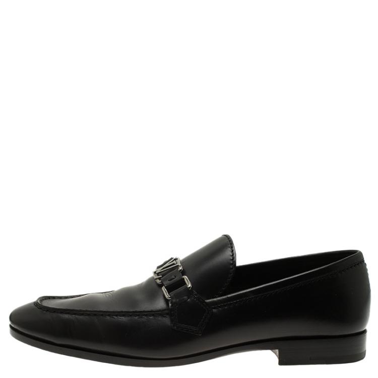 Pre Owned Louis Vuitton Black Leather Logo Loafers Size 42