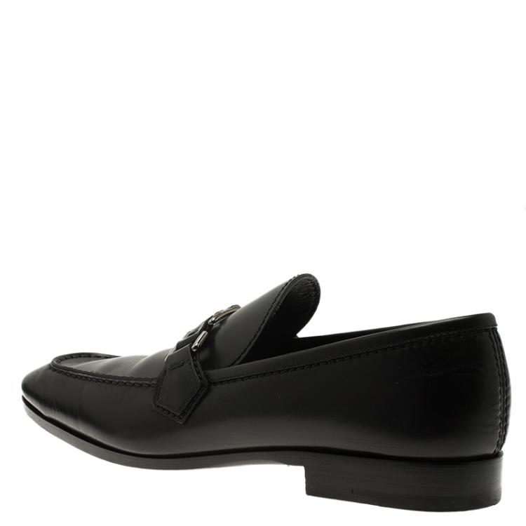 Pre Owned Louis Vuitton Black Leather Logo Loafers Size 42