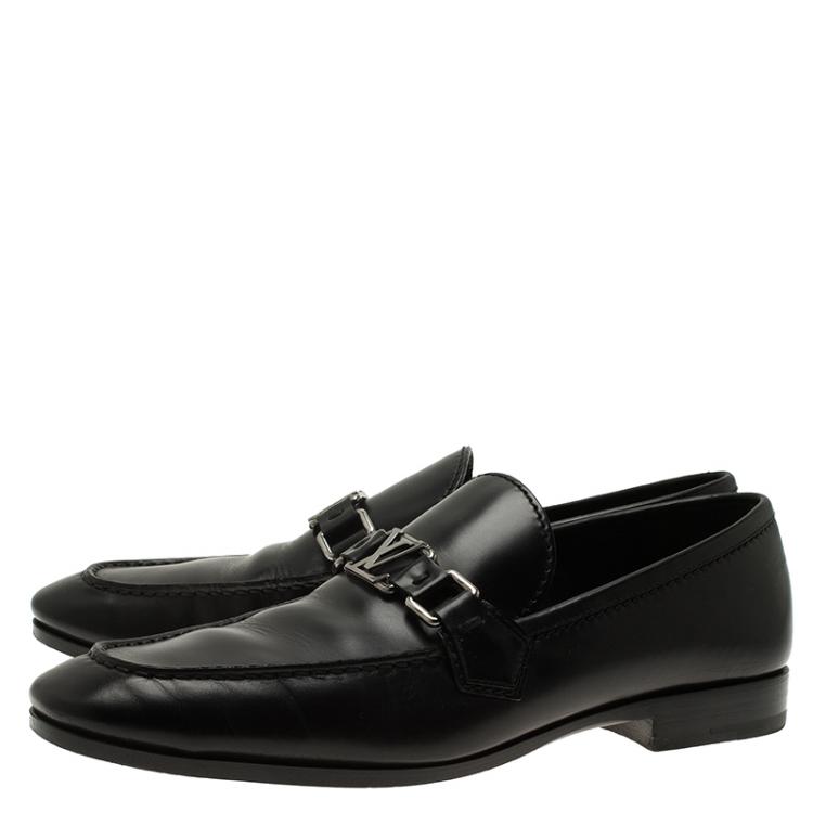 Pre Owned Louis Vuitton Black Leather Logo Loafers Size 42