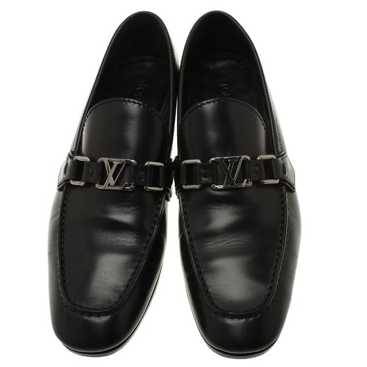 Pre Owned Louis Vuitton Black Leather Logo Loafers Size 42
