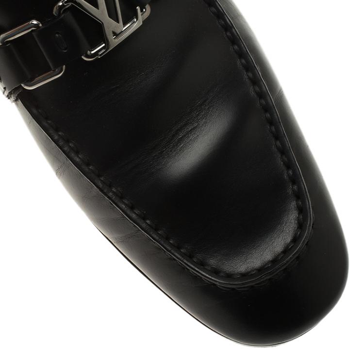 Pre Owned Louis Vuitton Black Leather Logo Loafers Size 42