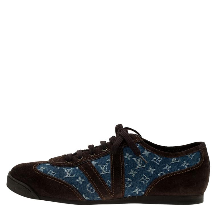 Pre Owned Louis Vuitton Blue Monogram Denim and Brown Suede Sneakers Size 43