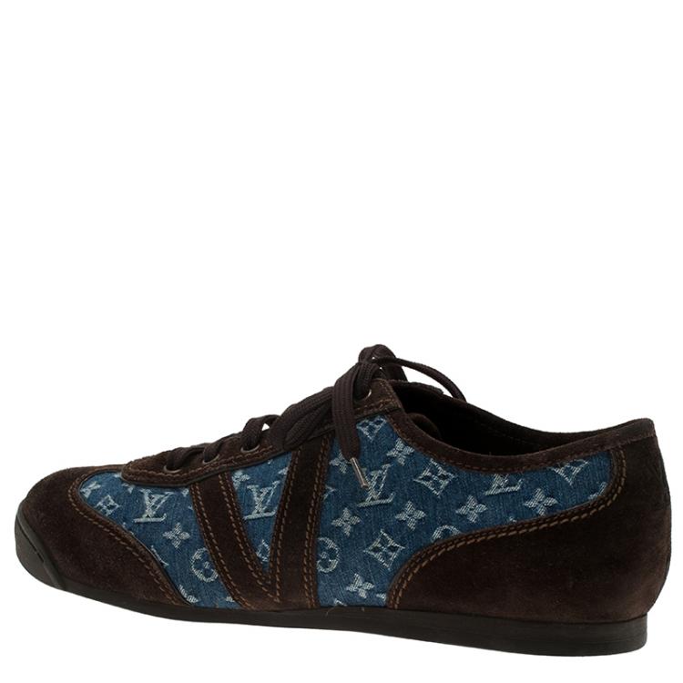 Pre Owned Louis Vuitton Blue Monogram Denim and Brown Suede Sneakers Size 43