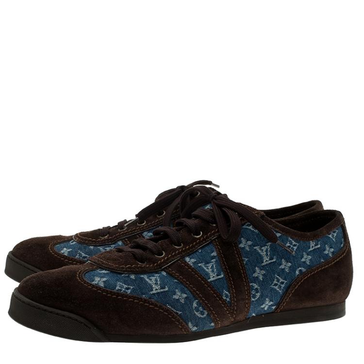 Pre Owned Louis Vuitton Blue Monogram Denim and Brown Suede Sneakers Size 43