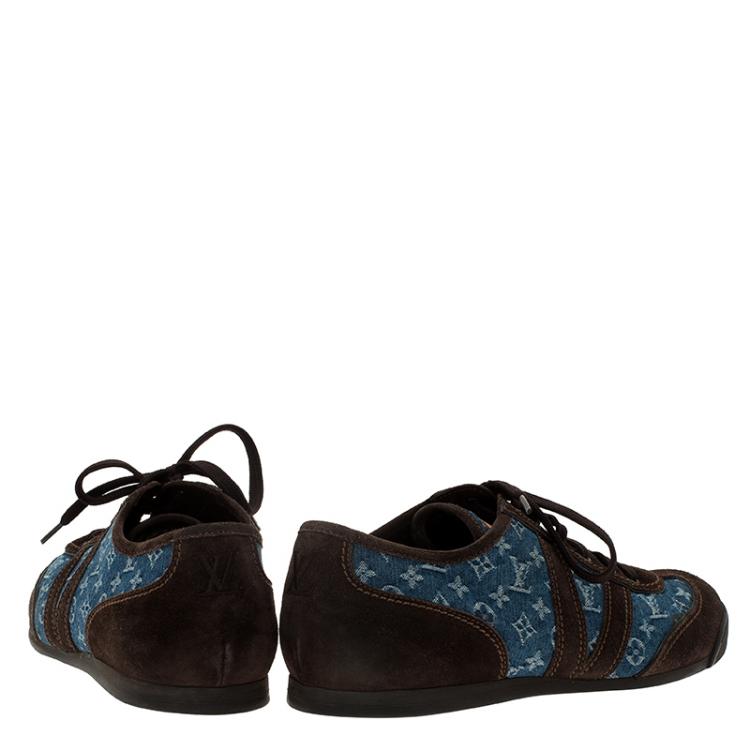 Pre Owned Louis Vuitton Blue Monogram Denim and Brown Suede Sneakers Size 43