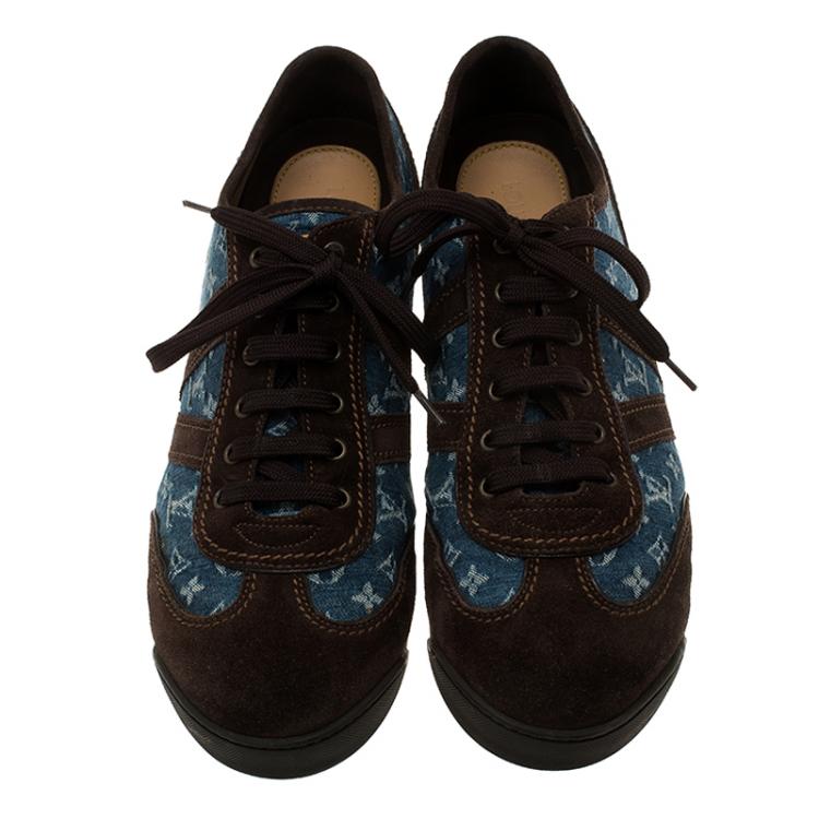 Pre Owned Louis Vuitton Blue Monogram Denim and Brown Suede Sneakers Size 43