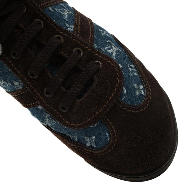 Pre Owned Louis Vuitton Blue Monogram Denim and Brown Suede Sneakers Size 43