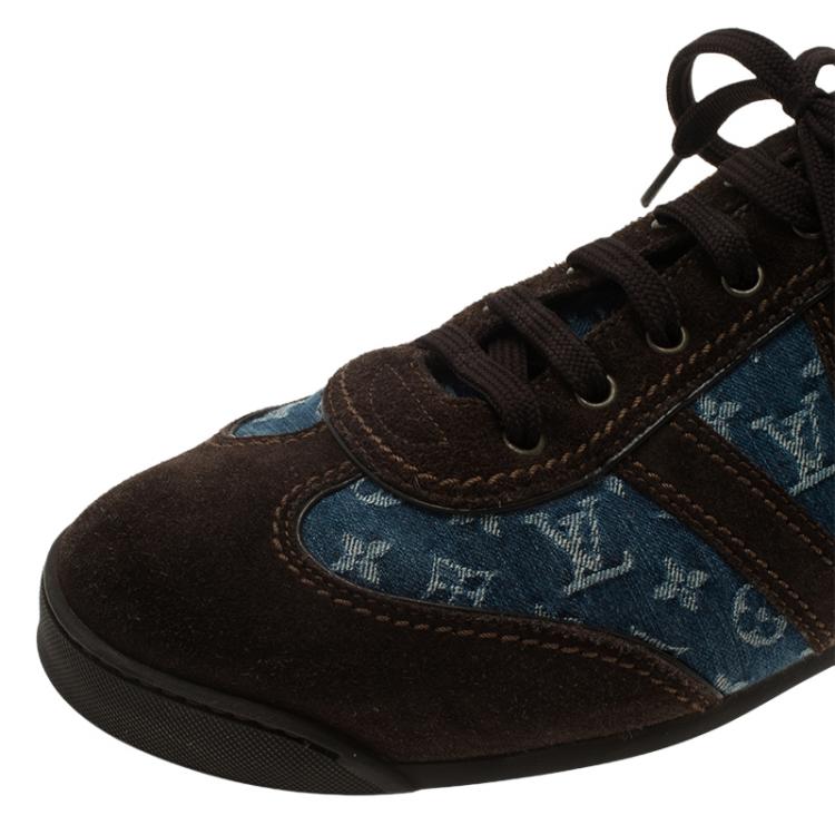 Pre Owned Louis Vuitton Blue Monogram Denim and Brown Suede Sneakers Size 43