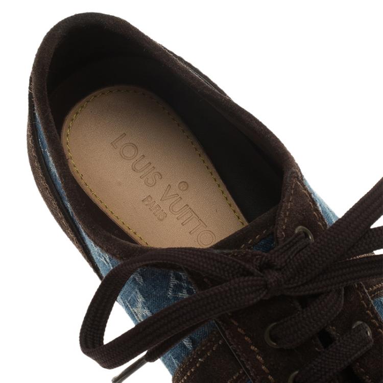 Pre Owned Louis Vuitton Blue Monogram Denim and Brown Suede Sneakers Size 43