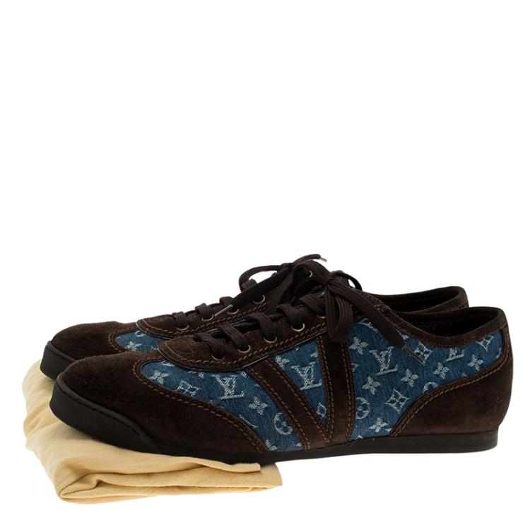 Pre Owned Louis Vuitton Blue Monogram Denim and Brown Suede Sneakers Size 43