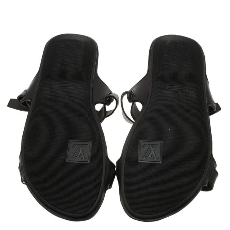 Pre Owned Louis Vuitton Black Leather Criss Cross Flat Sandals Size 42.5