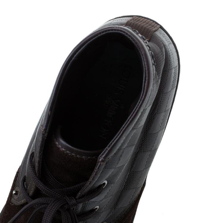 Pre Owned Louis Vuitton Brown Damier Leather and Suede Sneaker Boots Size 43