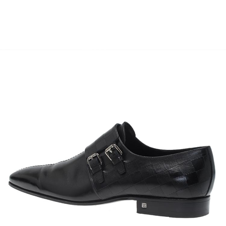 Pre Owned Louis Vuitton Black Damier Embossed Leather Monk Slip On Size 42