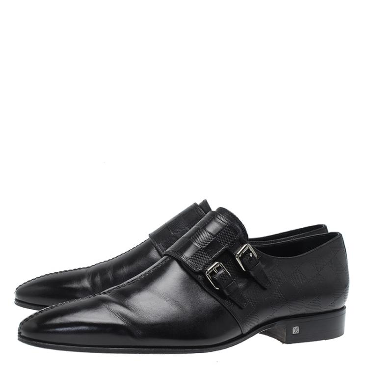 Pre Owned Louis Vuitton Black Damier Embossed Leather Monk Slip On Size 42