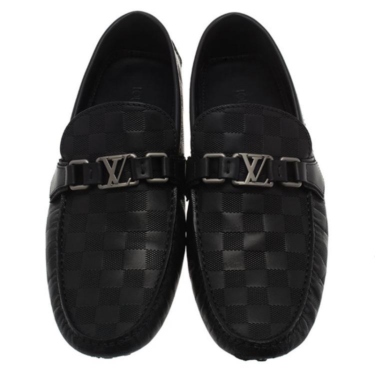 Pre Owned Louis Vuitton Black Damier Embossed Leather Hockeheim Loafers Size 44