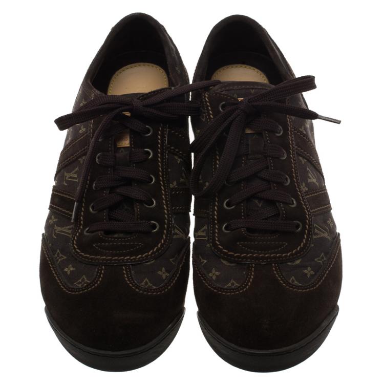 Pre Owned Louis Vuitton Brown Mini Lin Monogram Canvas and Suede Sneakers Size 43