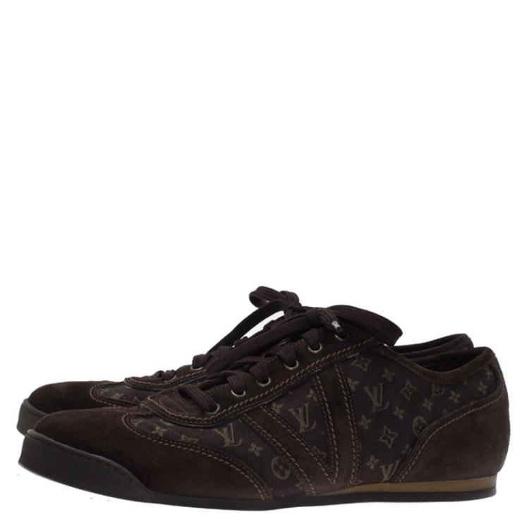 Pre Owned Louis Vuitton Brown Mini Lin Monogram Canvas and Suede Sneakers Size 43
