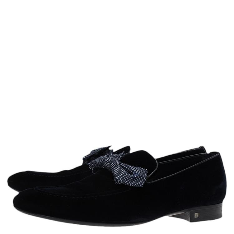 Pre Owned Louis Vuitton Blue Velvet Tuxedo Bow Loafers Size 43