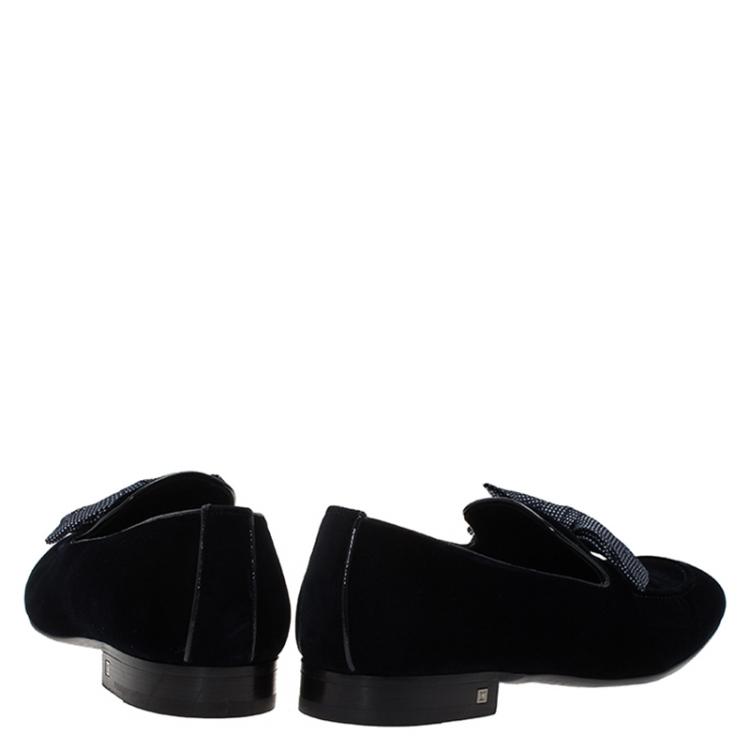 Pre Owned Louis Vuitton Blue Velvet Tuxedo Bow Loafers Size 43