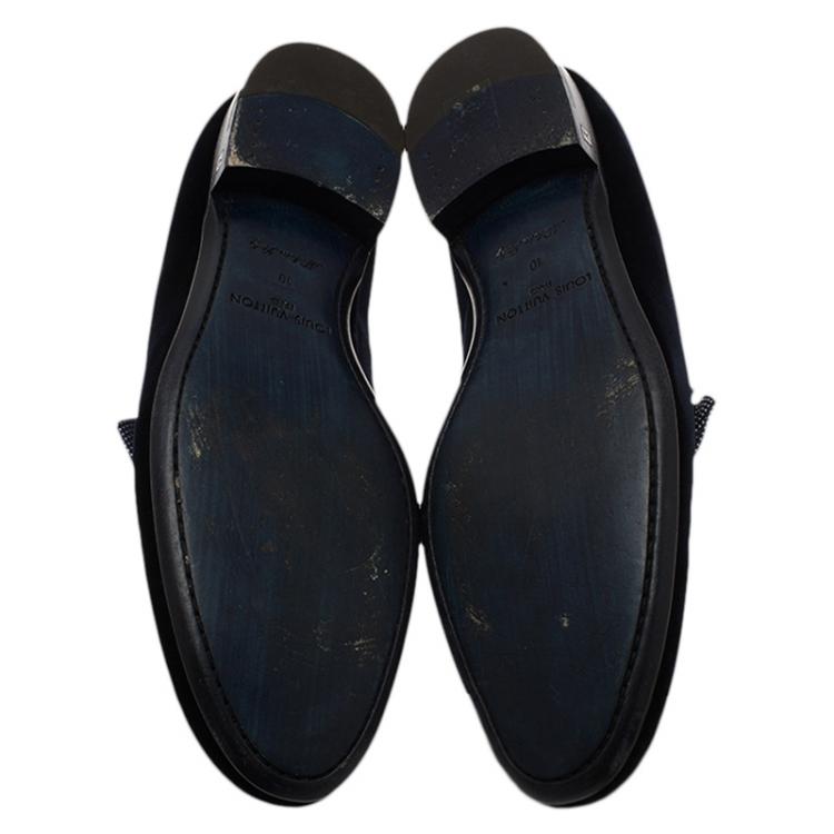 Pre Owned Louis Vuitton Blue Velvet Tuxedo Bow Loafers Size 43