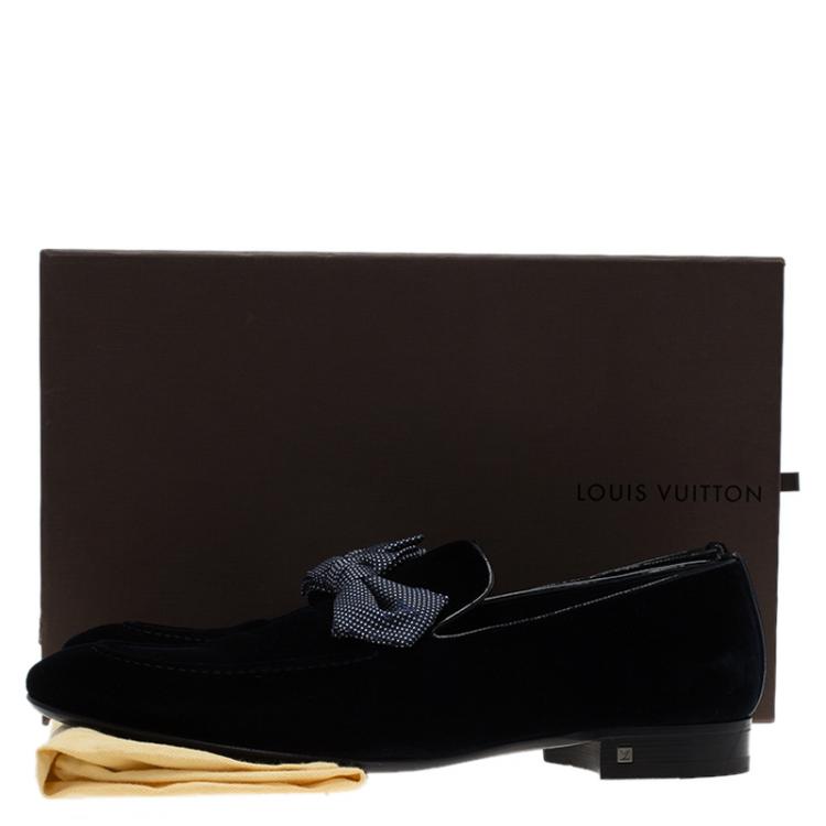 Pre Owned Louis Vuitton Blue Velvet Tuxedo Bow Loafers Size 43