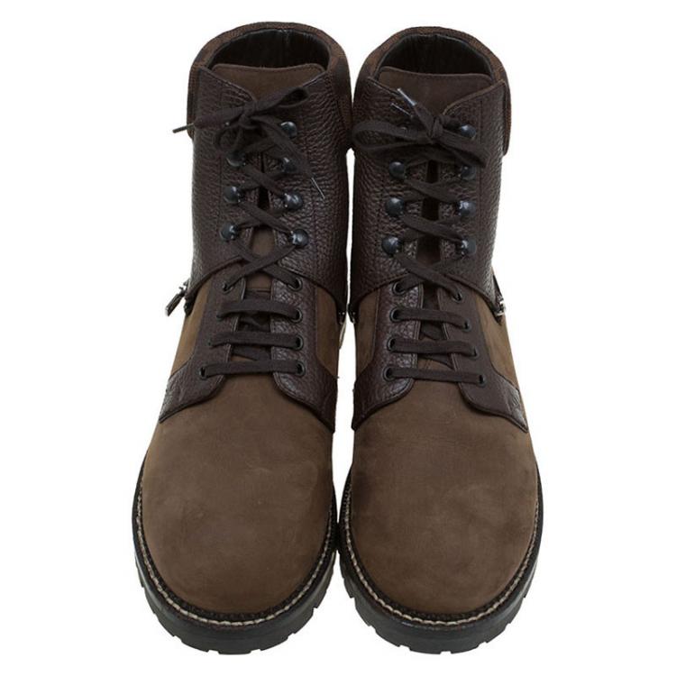 Pre Owned  Louis Vuitton Brown Nubuck and Damier Ebene Tibet Combat Boots Size 42