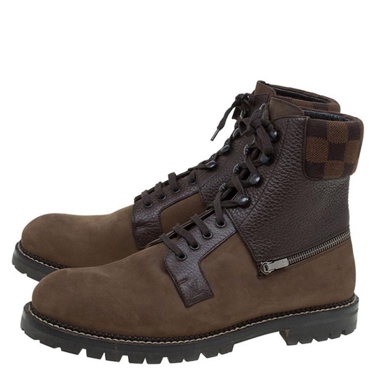 Pre Owned  Louis Vuitton Brown Nubuck and Damier Ebene Tibet Combat Boots Size 42