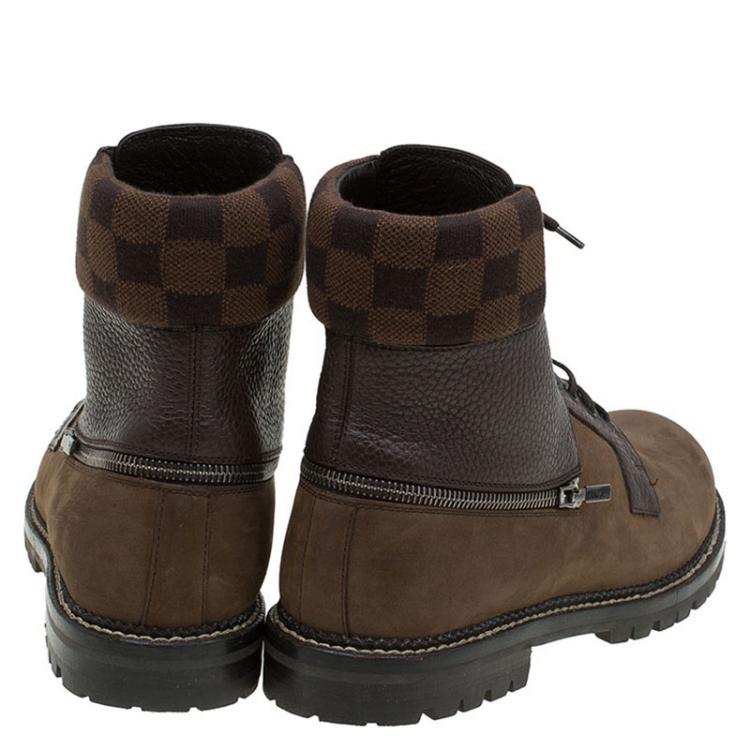 Pre Owned  Louis Vuitton Brown Nubuck and Damier Ebene Tibet Combat Boots Size 42