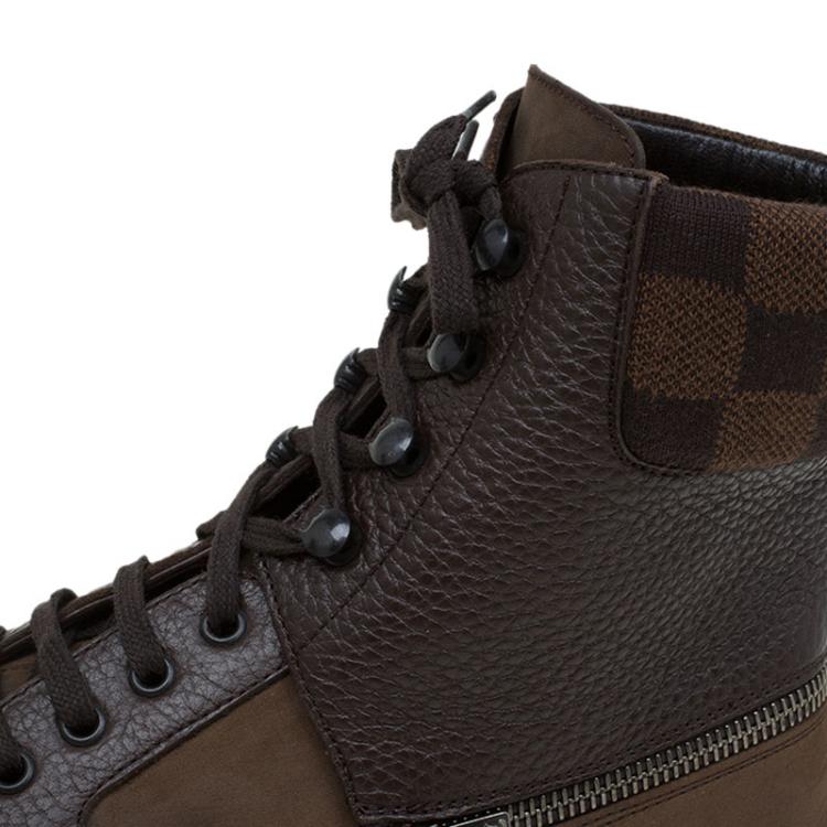Pre Owned  Louis Vuitton Brown Nubuck and Damier Ebene Tibet Combat Boots Size 42