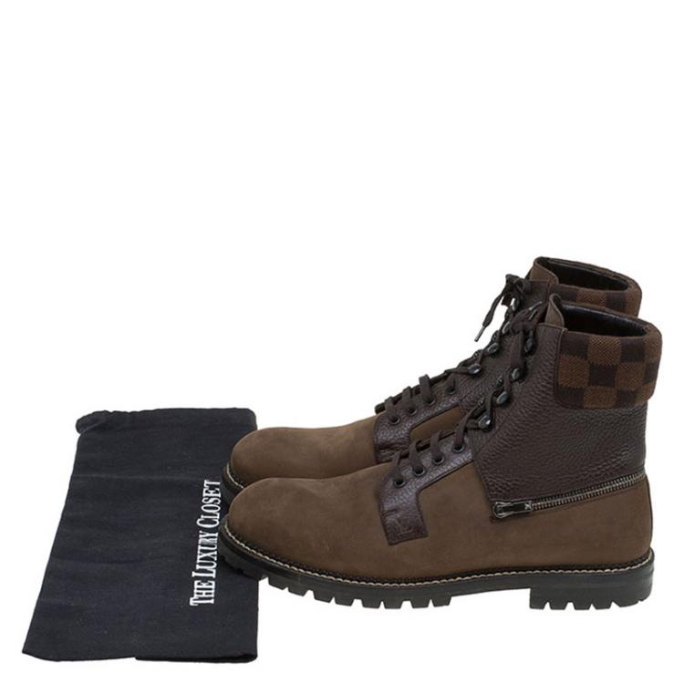 Pre Owned  Louis Vuitton Brown Nubuck and Damier Ebene Tibet Combat Boots Size 42
