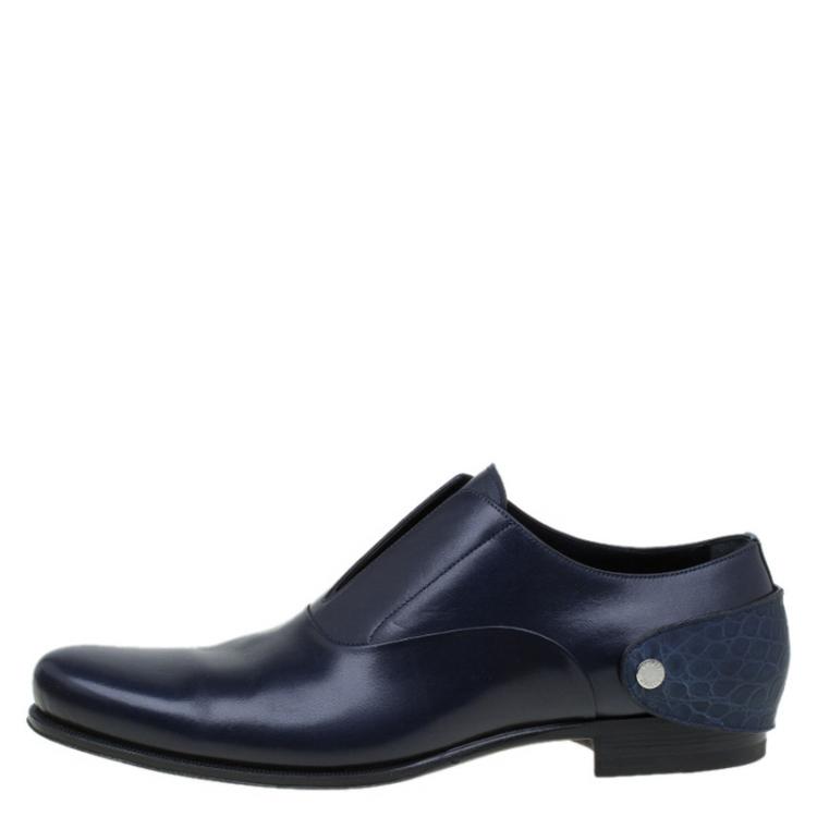 Pre Owned Louis Vuitton Navy Blue Leather Croc Trim Derby Size 44
