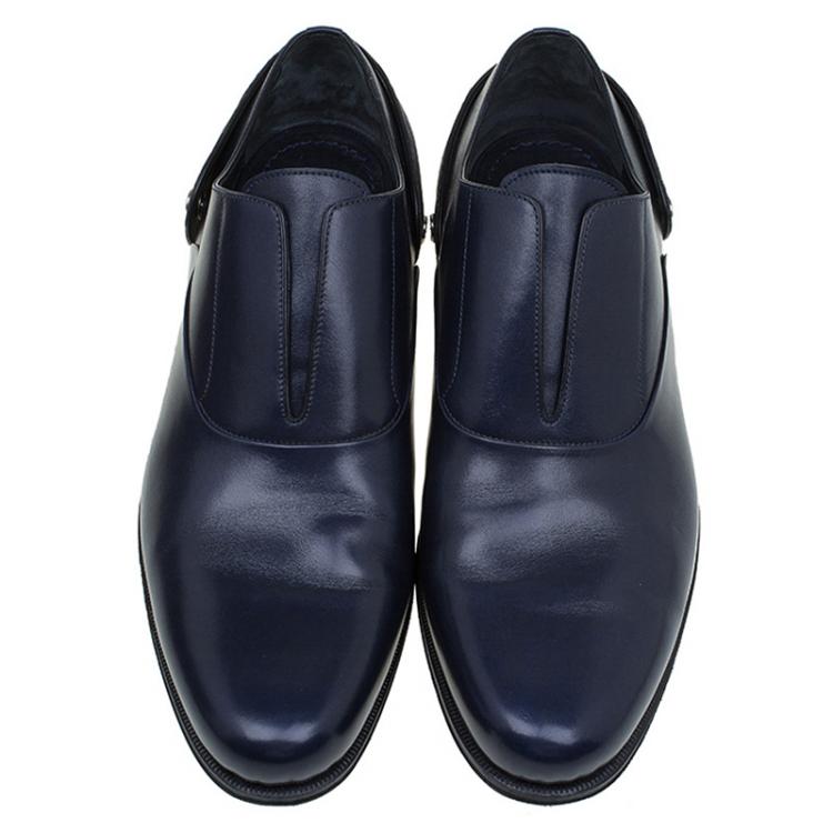 Pre Owned Louis Vuitton Navy Blue Leather Croc Trim Derby Size 44