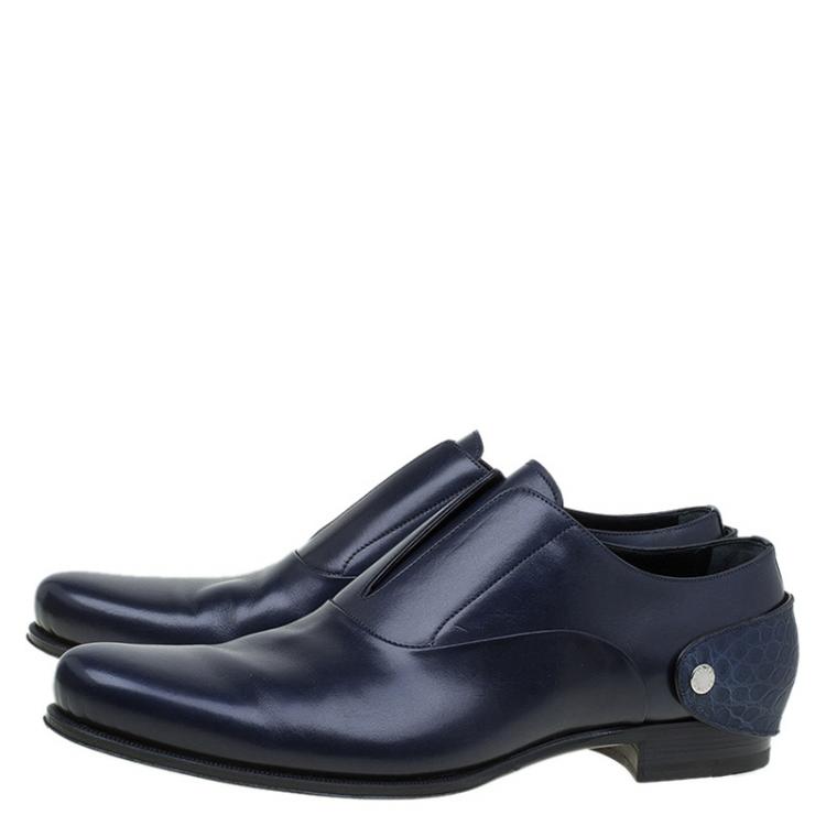 Pre Owned Louis Vuitton Navy Blue Leather Croc Trim Derby Size 44