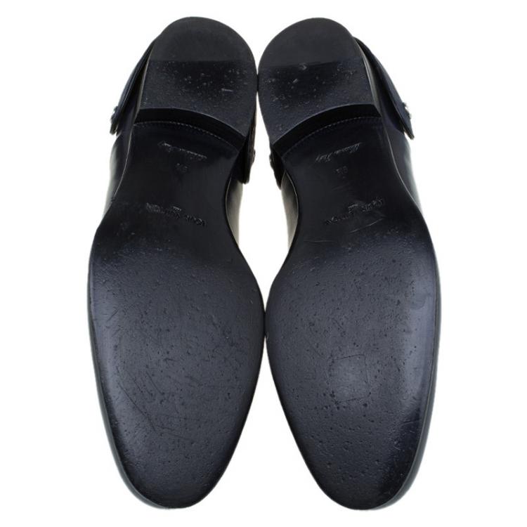 Pre Owned Louis Vuitton Navy Blue Leather Croc Trim Derby Size 44