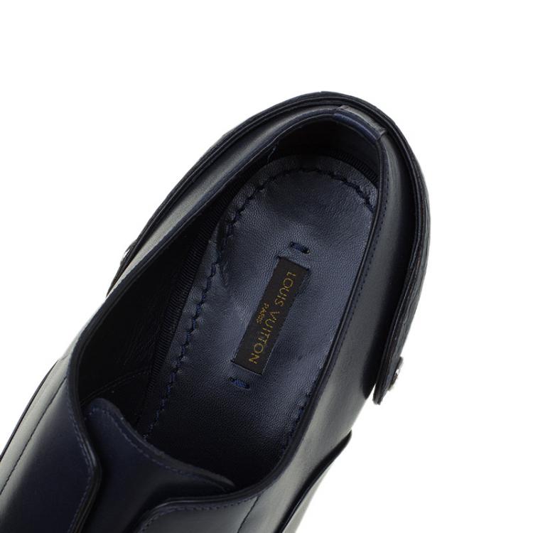 Pre Owned Louis Vuitton Navy Blue Leather Croc Trim Derby Size 44