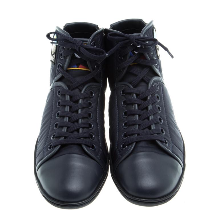 Pre Owned Louis Vuitton Dark Blue Fabric and Leather V Gaston High Top Sneakers Size 42